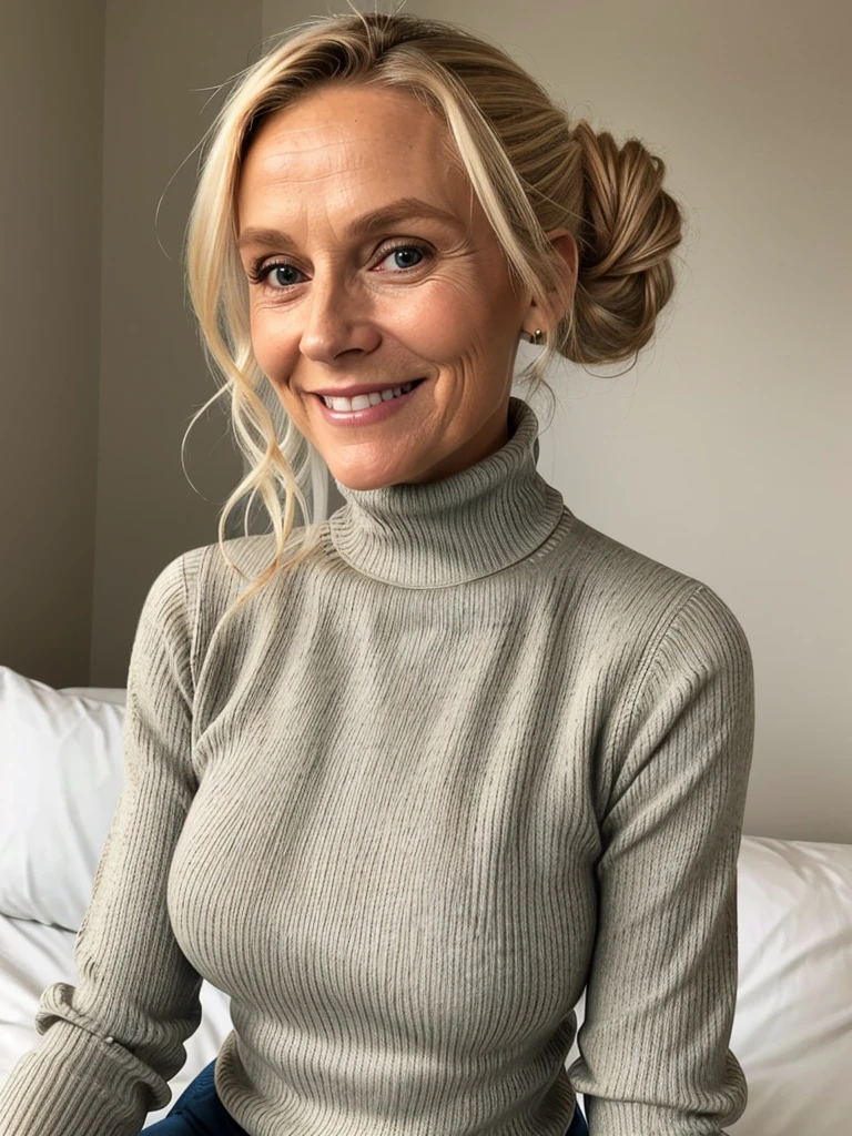 photo of a skinny very old wrinkly-faced faced mature blonde messy long hair thrown into a messy bun ponytail. She wears: (turtleneck soft high ribbed different coloured super tight sweater:1.1), submissive seductive pose, high tight ribbed neck, seductive smile, perfect fake tits, horny eager granny, teasing sexy old lady