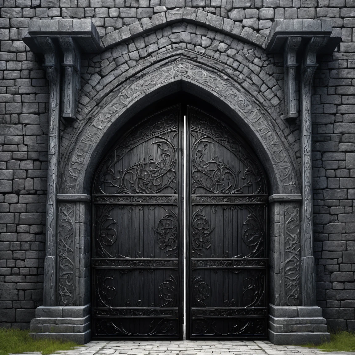 (best quality)), ((masterpiece)), ((realistic,digital art)), (super detailed), (gigantic black gate of a fortified city), (medieval style dark fantasy), front view