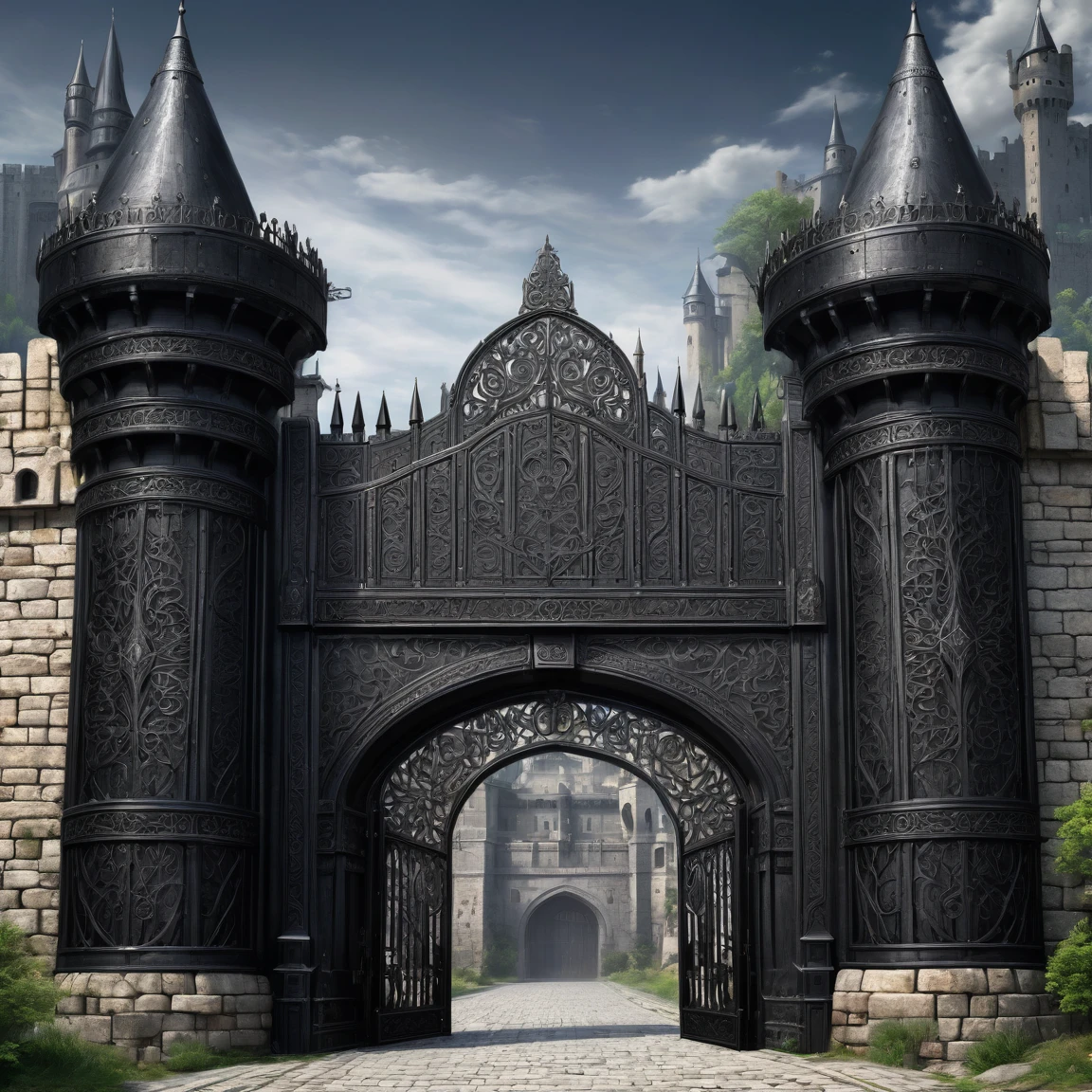 (best quality)), ((masterpiece)), ((realistic,digital art)), (super detailed), (gigantic black gate of a fortified city), (medieval style dark fantasy), front view
