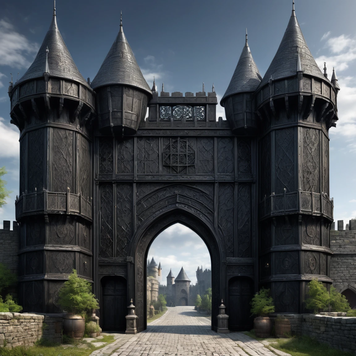 (best quality)), ((masterpiece)), ((realistic,digital art)), (super detailed), (gigantic black gate of a fortified city), (medieval style dark fantasy), front view