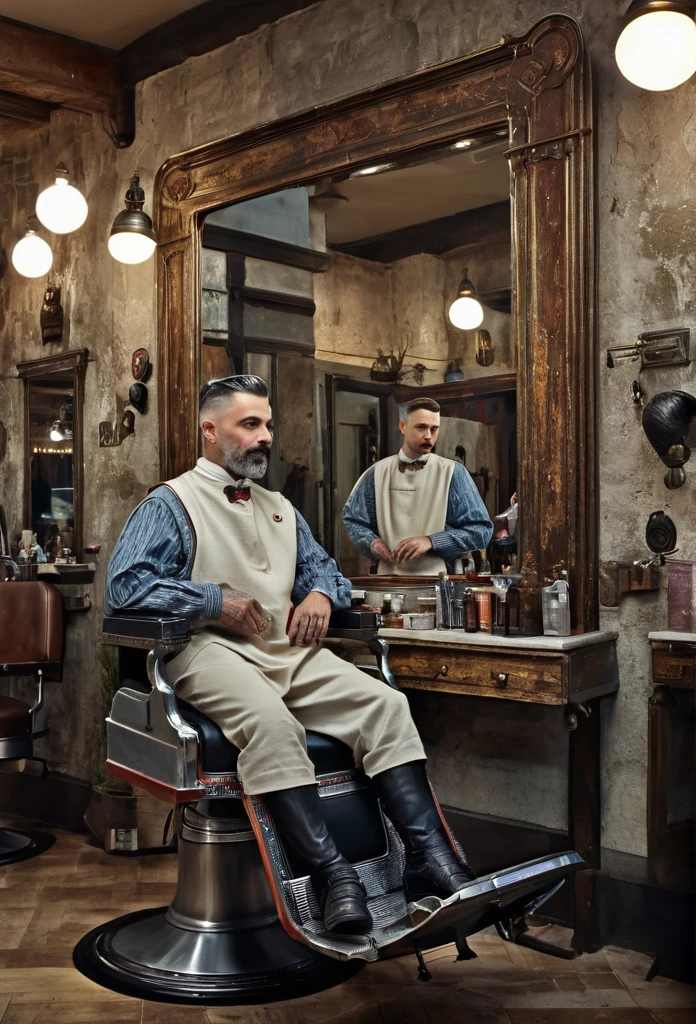 (Masterpiece:1.5), (over-detailed:1.4), (highers:1.3), (HDR:1.2), (hyper-realism:1.5), (The camera focuses on a modern barbershop. A barber, CARLOS, in medieval costume, appears in front of the anatomically correct mirror:1.7), (European medieval fantasy scenario:1.6), (murderer suits intricate with fantasy elements:1.6), (better quality:1.5), (dynamic postage:1.4), (subtle lighting:1.3), (rich and deep pallet:1.2), (arms engraved with magical gloss:1.5), (co-detailed and metallurgy:1.4), (ethe ethereal Beauty with a dangerous fascination: 1.6), (captivating eyes that hold a story: 1.3), (perfect mixing.