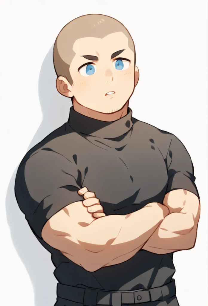 1boy, male focus, head against the wall, facing, head thrown back, muscular male, muscular, bara, defined abs, upper body, solo, crossed arms, serious, very short hair, buzzcut, stubble, light brown hair, clear blue eyes, parted lips, black turtleneck outfit, black cargo pants, bottom-up view camera, white background, simple background, best quality, amazing quality, best aesthetic, absurdres, year 2023