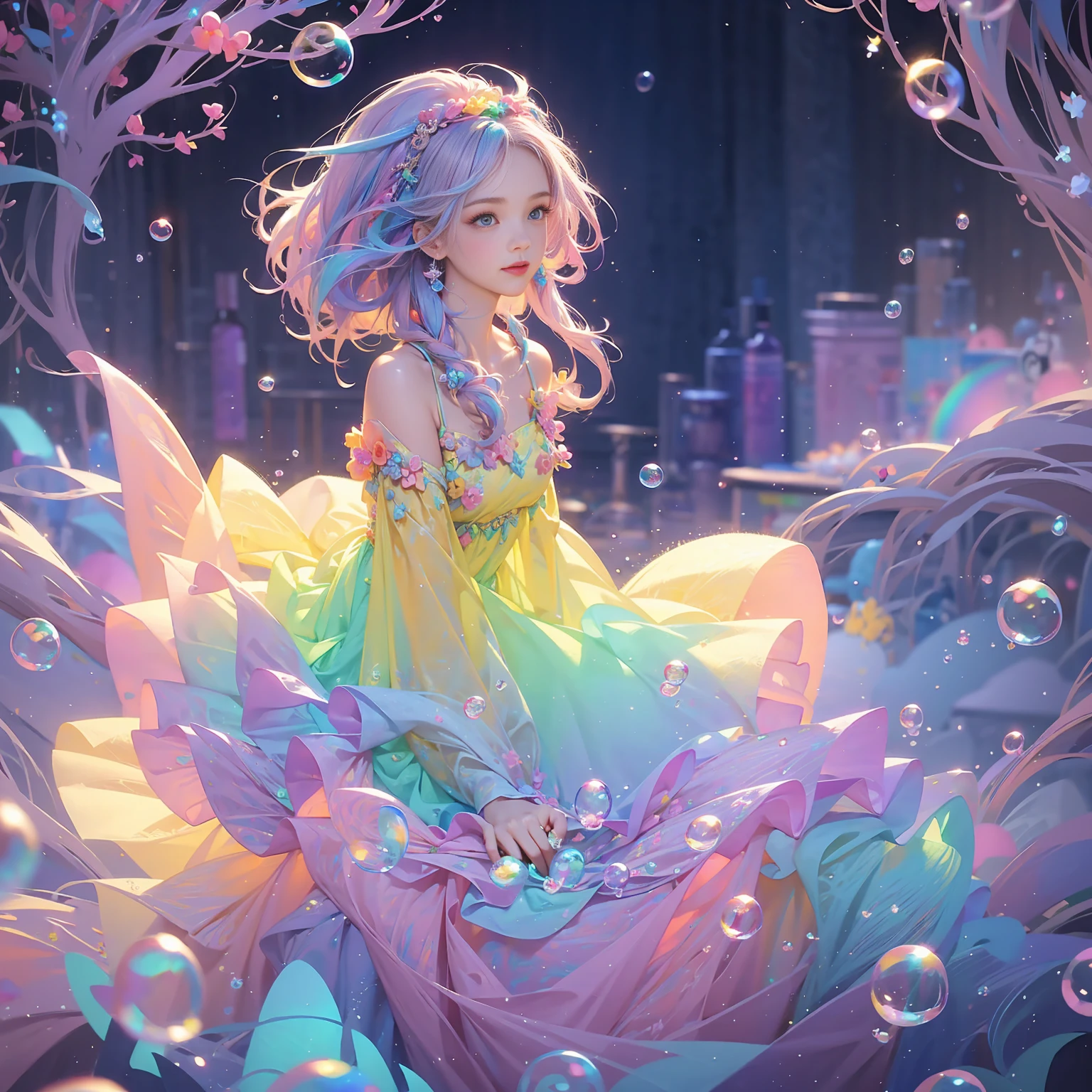 masterpiece, Highest quality, Intricate details, Excellent anatomy、beautiful girl, Sparkling eyes, Otherworldly liquid fantasy background, watercolor, Bright and vibrant colors, Whimsical, colorful, Layered tiered puffy long sleeve ball gown, ((Rainbow bubbles))