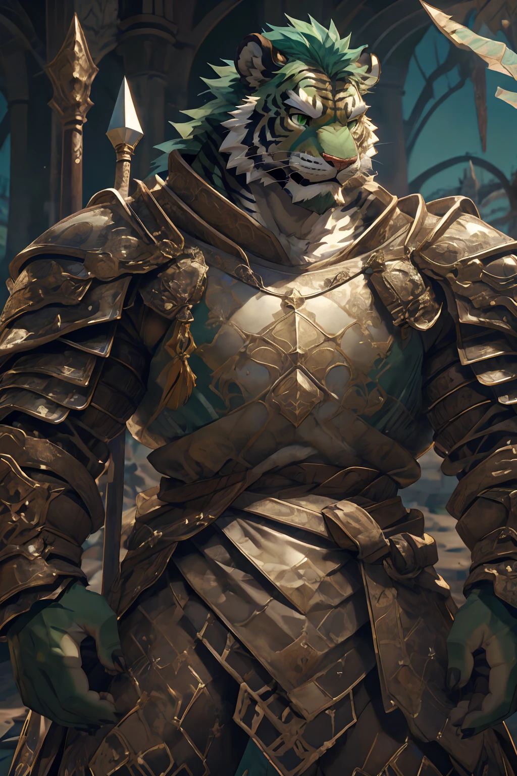 (淡翠色tiger),(Medieval armor:1.2),(Medieval Armor:1.3),Holding a spear,Awesome posture,Standing proudly and confidently,(The background is an endless ocean:1.5),Abdominal muscles,Heroic飒爽,完美的masterpiece,Various facial details,Close-up view,specific description,masterpiece,cg,(Pale green eyes),Light green pattern,Light green tail,Military commander,(Heroic),tiger,Emerald fur,Detailed facial details,Half Body,,(Long feather),((middle aged)),(Face Focus),(16K),HD,Green and white belly,temple,beard,(Face lines),Heterochromia,(Emerald green battle robe),(Emerald green hair),Strong,muscle,(high resolution:1.3),Weeds underfoot