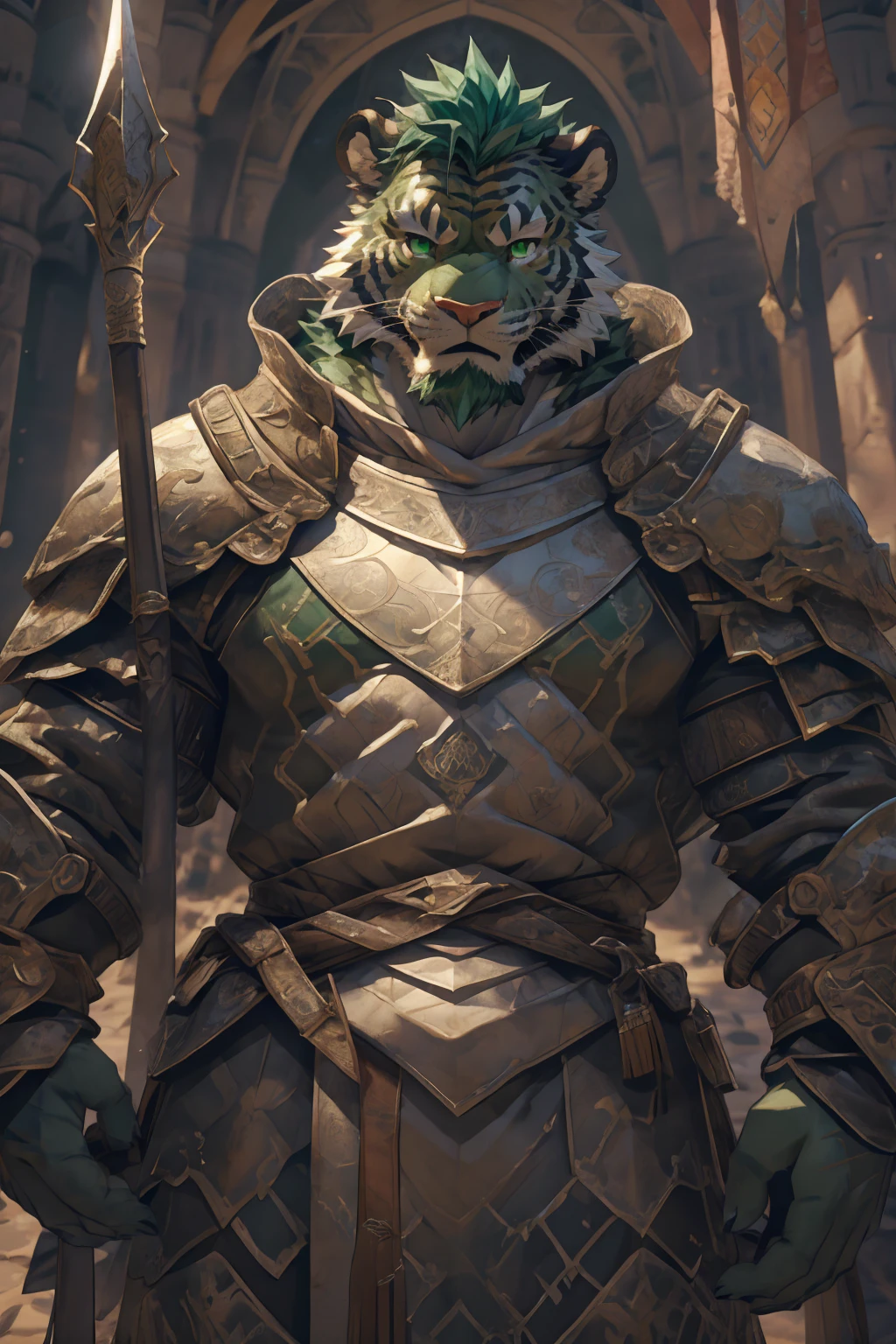 (淡翠色tiger),(Medieval armor:1.2),(Medieval Armor:1.3),Holding a spear,Awesome posture,Standing proudly and confidently,(The background is an endless ocean:1.5),Abdominal muscles,Heroic飒爽,完美的masterpiece,Various facial details,Close-up view,specific description,masterpiece,cg,(Pale green eyes),Light green pattern,Light green tail,Military commander,(Heroic),tiger,Emerald fur,Detailed facial details,Half Body,,(Long feather),((middle aged)),(Face Focus),(16K),HD,Green and white belly,temple,beard,(Face lines),Heterochromia,(Emerald green battle robe),(Emerald green hair),Strong,muscle,(high resolution:1.3),Weeds underfoot