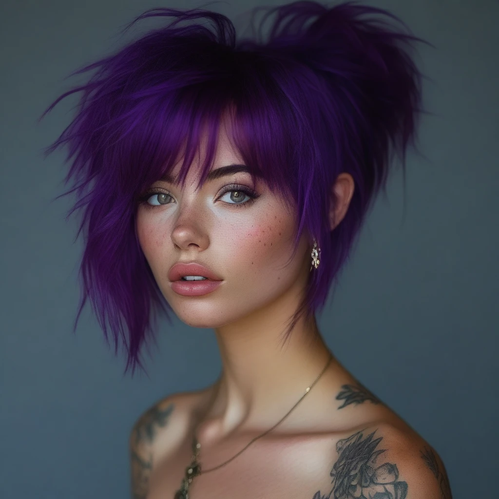 bellissima 1girl, solo, looking at viewer, bangs, jewelry, upper body, purple hair, earrings, parted lips, from side, lips, tattoo, messy hair, freckles, realistic
