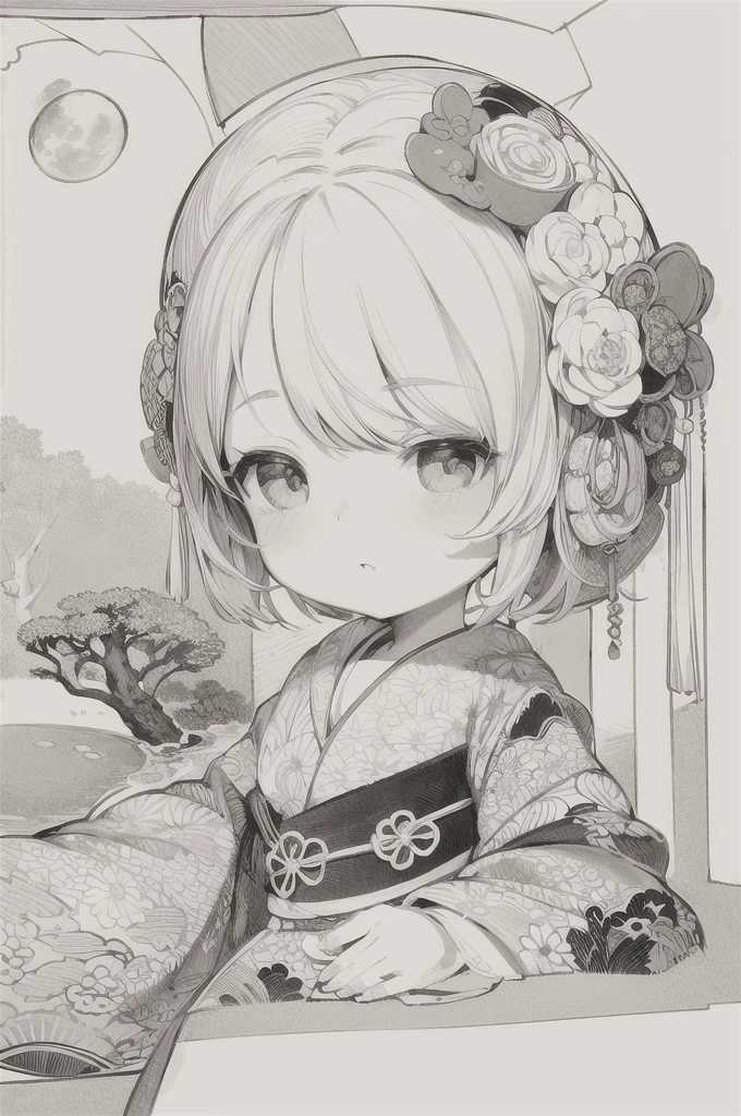 best quality, masterpiece, photo, 4K, photorealistic, highly detailed, huge moon in the background, black and white, closeup, Create a realistic ukiyo-e illustration of a cute girl in a kimono that conveys Japanese culture in various poses with a Japanese garden in the background, using a simple monochrome coloring book that even children can do.