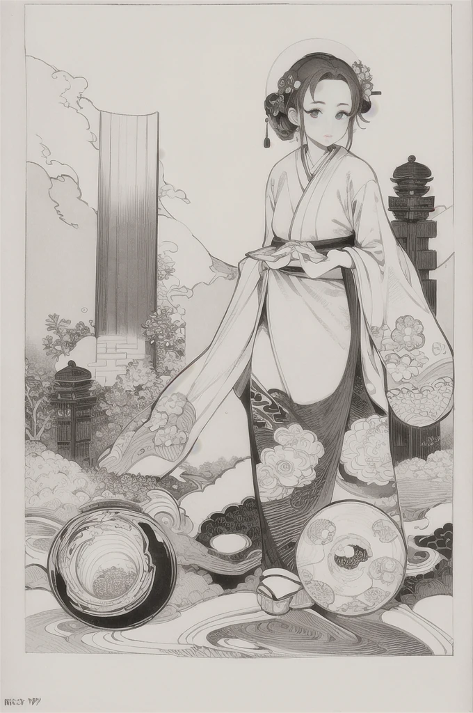 best quality, masterpiece, photo, 4K, photorealistic, highly detailed, huge moon in the background, black and white, closeup, Create a realistic ukiyo-e illustration of a cute girl in a kimono that conveys Japanese culture in various poses with a Japanese garden in the background, using a simple monochrome coloring book that even children can do.
