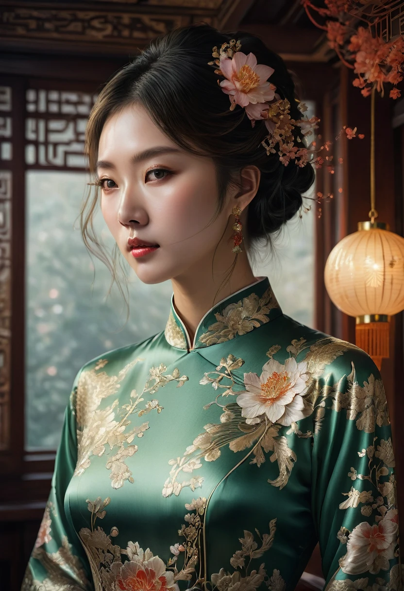 Cheongsam, by Mary Jane Ansell, RAW photo, 35mm photograph, bokeh, best quality, masterpiece, very aesthetic, perfect composition, intricate details, ultra-detailed