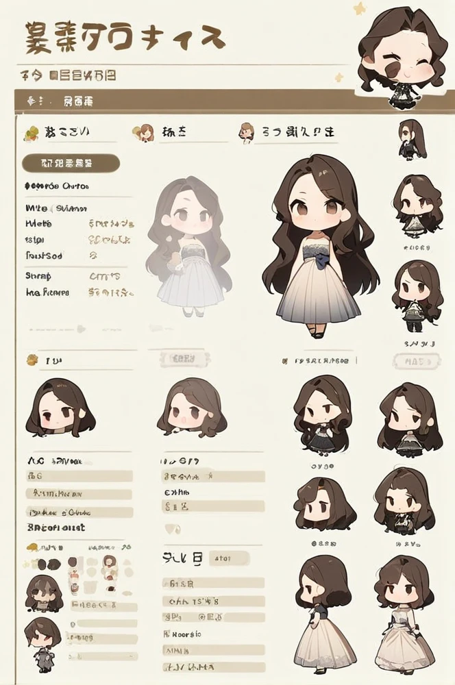 Character sheet, white background, chibi, female, long hair, wearing dress, cartoon style, high quality, high resolution