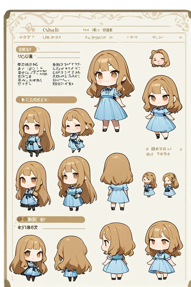 Character sheet, white background, chibi, female, long hair, wearing dress, cartoon style, high quality, high resolution