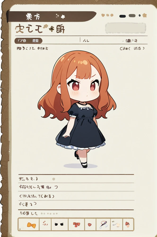 Character sheet, white background, chibi, female, long hair, wearing dress, cartoon style, high quality, high resolution