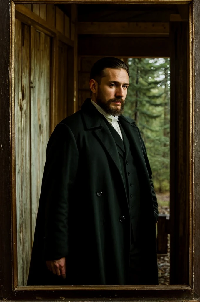 OIL PAINTING painted by Caravaggio.
Color palette: cold tones STYLE: HYPERREALISTIC OBJECTIVE: 35MM SIZE: 16:9 PLAN: MEDIUM Man of the year 1889 Height 1,75cm, pesos 80kg, green eyes, barba, long black coat, about 35 years old, called james.
James se encuentra de noche, en un salon abandonado de una cabaña en el bosque