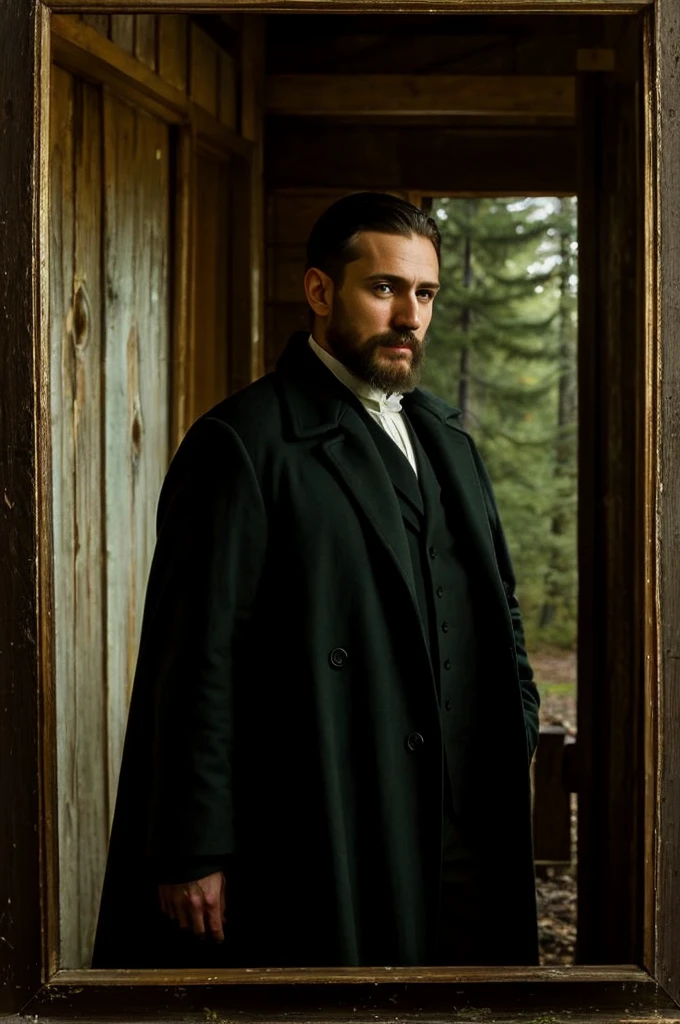OIL PAINTING painted by Caravaggio.
Color palette: cold tones STYLE: HYPERREALISTIC OBJECTIVE: 35MM SIZE: 16:9 PLAN: MEDIUM Man of the year 1889 Height 1,75cm, pesos 80kg, green eyes, barba, long black coat, about 35 years old, called james.
James se encuentra de noche, en un salon abandonado de una cabaña en el bosque