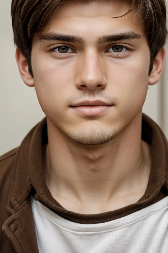 A boy with white skin, brown hair and brown eyes.