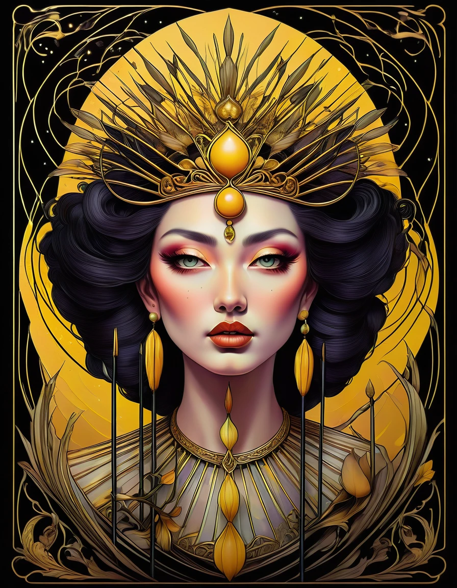 fusion graphic tarot cards, chiaroscuro technique on sensual illustration of an queen of wands, vintage queen, eerie, matte painting, by Hannah Dale, by Harumi Hironaka, extremely soft colors, hint of yellow pastel, highly detailed, digital artwork, high contrast, dramatic, refined, tonal, highest quality，anatomy correct，ultra-wide-angle，depth of fields