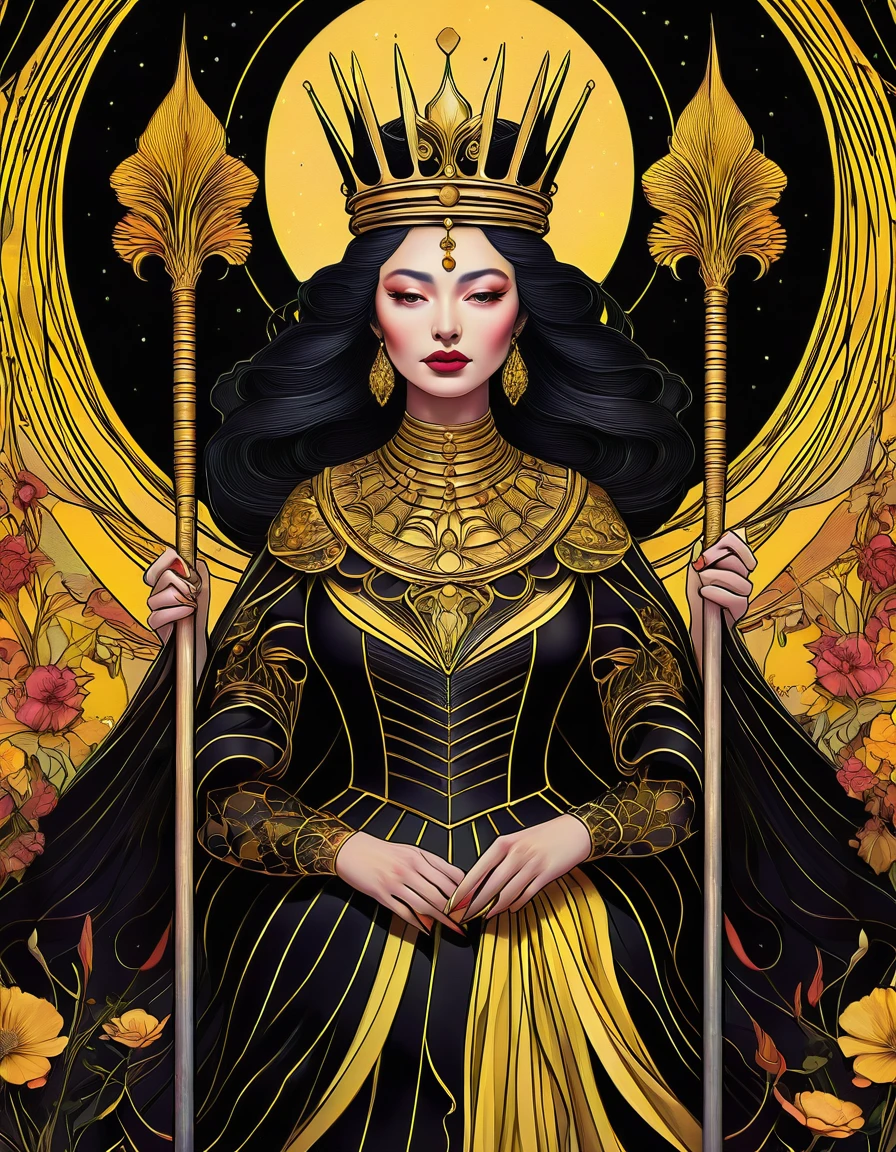 fusion graphic tarot cards, chiaroscuro technique on sensual illustration of an queen of wands, vintage queen, eerie, matte painting, by Hannah Dale, by Harumi Hironaka, extremely soft colors, hint of yellow pastel, highly detailed, digital artwork, high contrast, dramatic, refined, tonal, highest quality，anatomy correct，ultra-wide-angle，depth of fields