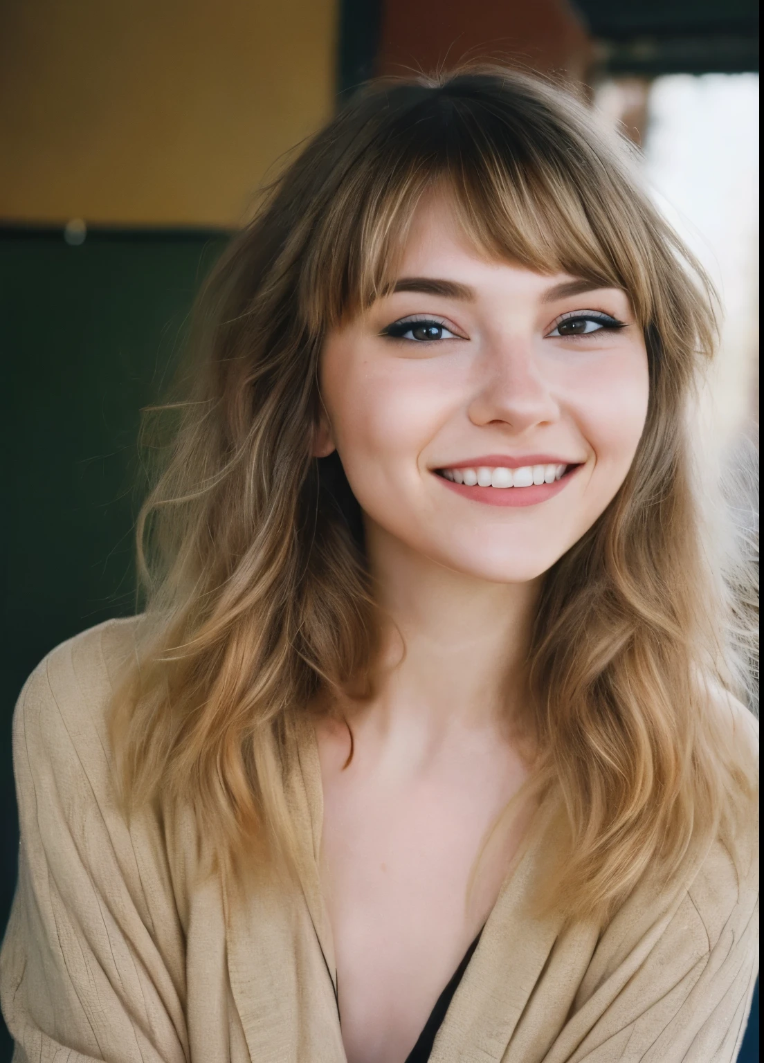 portrait of woman SavannahBrown, looking at viewer, highly detailed, film grain, 35mm photograph, professional, 4k, highly detailed, high quality, realistic, natural lighting, detailed facial features, elegant hairstyle, warm colors, cinematic, photorealistic, smile cute girl