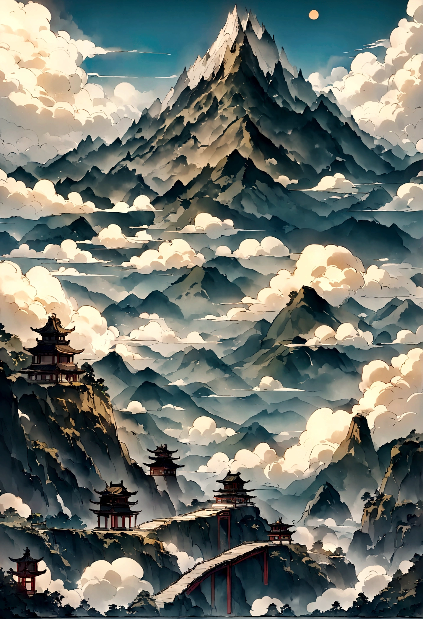 A magnificent mountain,Clouds and mist,The sun shines through the clouds,Smoky,Looks like a fairy,Immortal World,Chinese style,Immortal World,Xianxia World,nobody,Only scenes