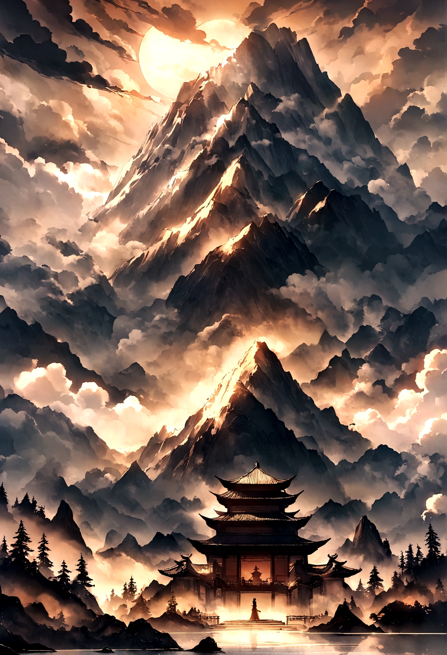 A magnificent mountain，Clouds and mist，The sun shines through the clouds，Smoky，Looks like a fairy，Immortal World，Chinese style，Immortal World，Xianxia World，nobody，Only scenes