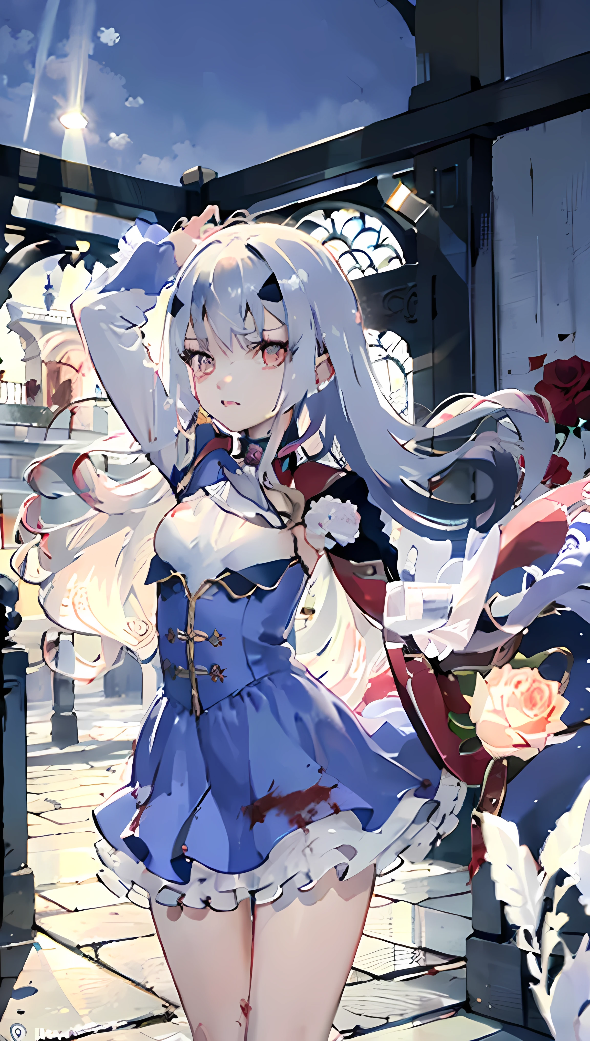 Uhd, absurdres, best_quality, masterpiece, best quality,1girl, solo, fairy knight lancelot (fate), (long white hair), sidelocks, forked eyebrows, small breasts, looking at viewer, dress, cape, (((blue dress))), bangs, long sleeves, (blood-orange  eyes), white rose, rose garden, medieval city in baclground, 