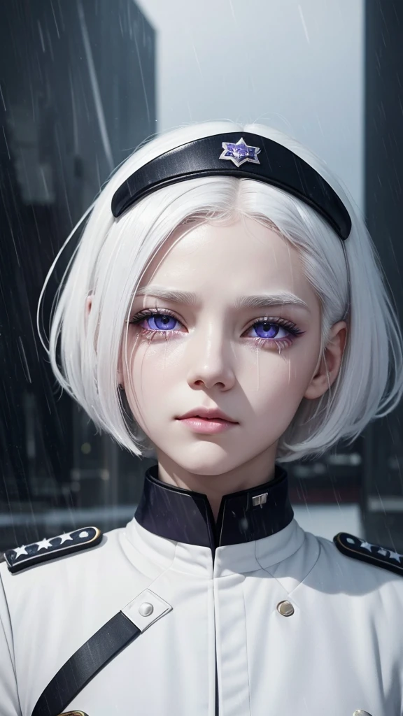 Beautiful girl, innocent, perfect face, white hair, white eyebrow, white eyelash, albino, short hair, detailed violet eyes, futuristic military uniform, crying on the rain