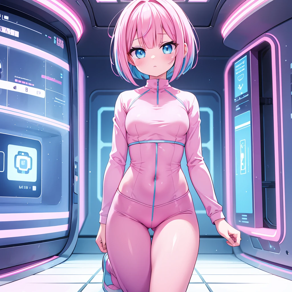 An android woman, small breasts, cute face, blue-pink hair and pink-blue eyes, bob cut hair, full body, thin waist, pink-light blue pants, wearing a pink-light blue shirt, blue shoes, perfect thighs, sfw, on a space station.