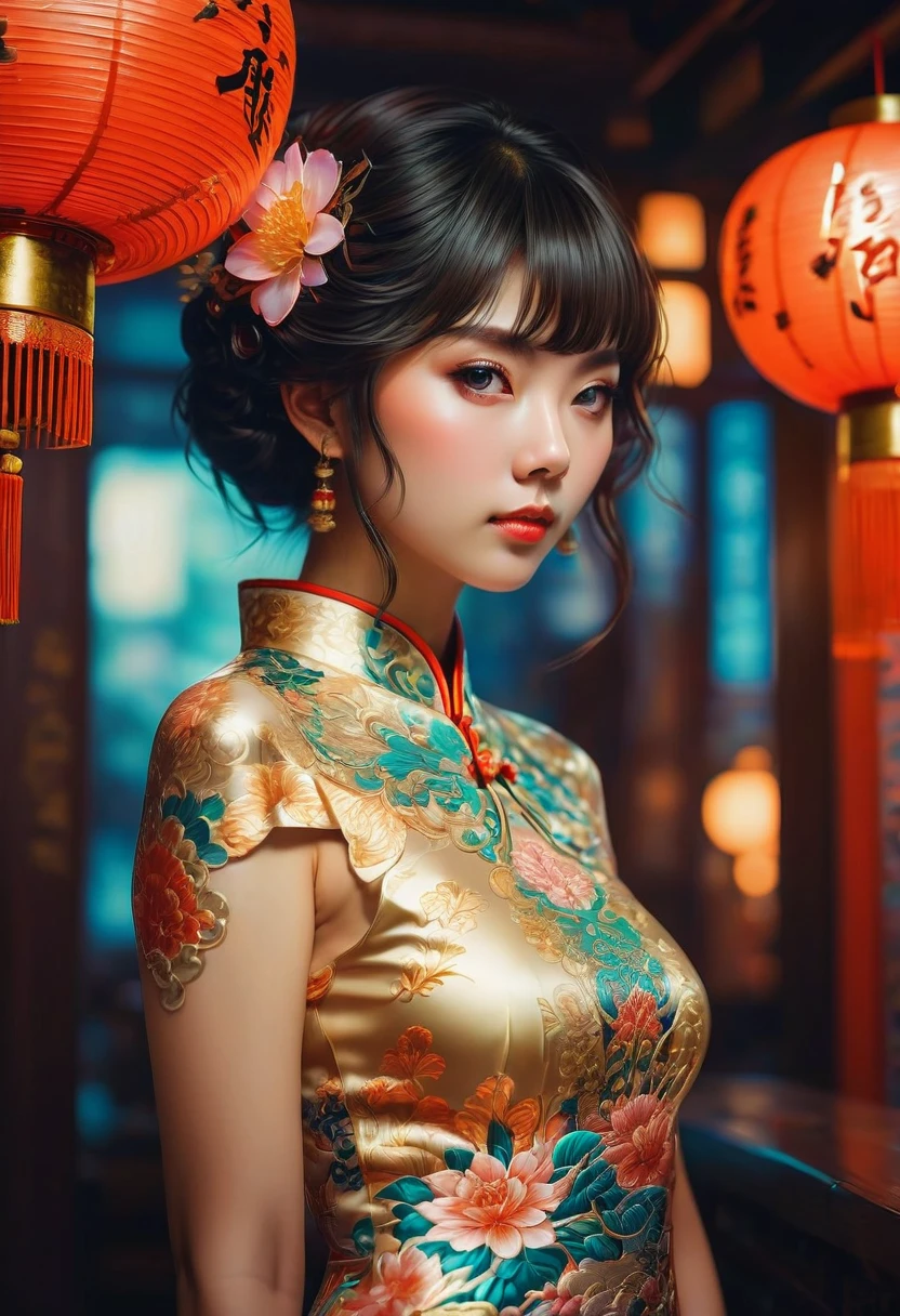 Cheongsam, by ILya Kuvshinov, RAW photo, 35mm photograph, bokeh, best quality, masterpiece, very aesthetic, perfect composition, intricate details, ultra-detailed