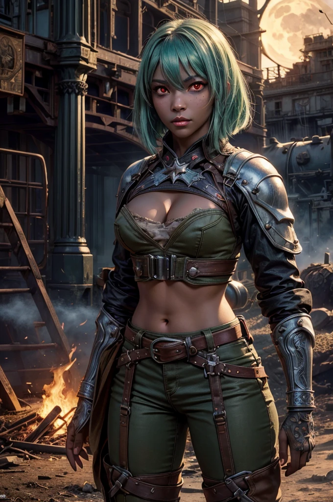 emeraldsustrai, emerald sustrai, short hair, (red eyes:1.5), (green hair), dark skin, dark-skinned female, navel, cleavage, midriff, belt, cleavage cutout, chaps, night, moon, stars, sitting, ((broken suspension bridge, near old steam train)), post-apocalypse, dystopian future, crowd, (crowd in military uniforms), bonfires, (volumetric lighting),  intricate details, tonemapping, sharp focus, hyper detailed, (cowboy shot:1.5), BREAK (masterpiece:1.2), best quality, high resolution, unity 8k wallpaper, (illustration:0.8), (beautiful detailed eyes:1.6), extremely detailed face, perfect lighting, extremely detailed CG, (perfect hands, perfect anatomy),