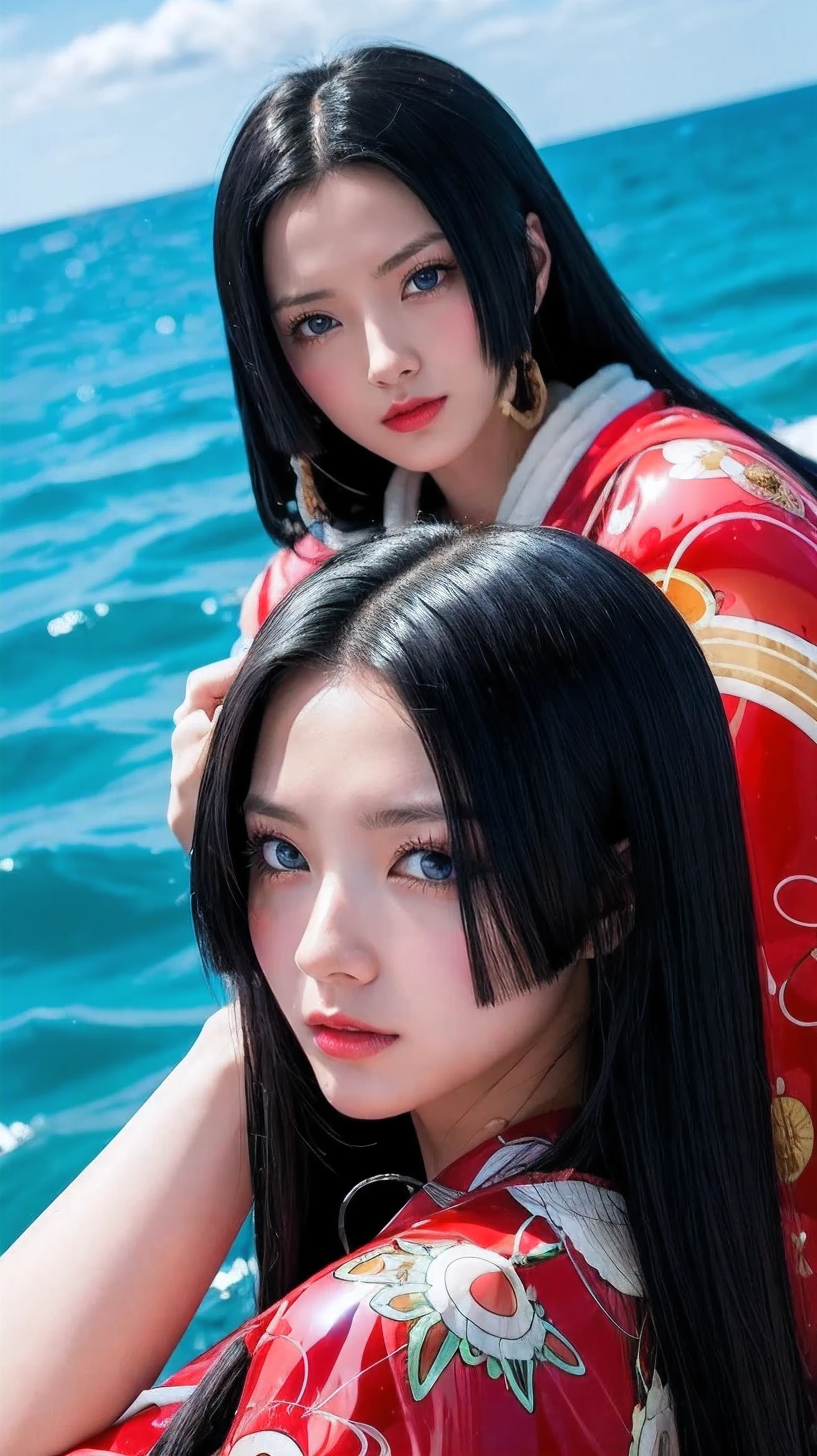 a person with long hair, red kimono, boa hancock, boa hancock from anime one piece, as an anime character, perfect anime face, she has black hair with bangs, female anime character, anime character, anime best girl, hime cut hairstyle, black hair, (red glossy lips:1.3), blue eyes, smile, sea background, (beautiful face:1.3)