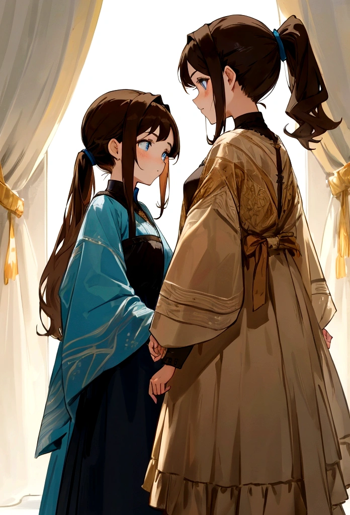 Two sisters turning their backs on each other,one with loose brown hair and honey eyes and the other with a ponytail, dark hair and blue eyes.,both dressed as hunters.