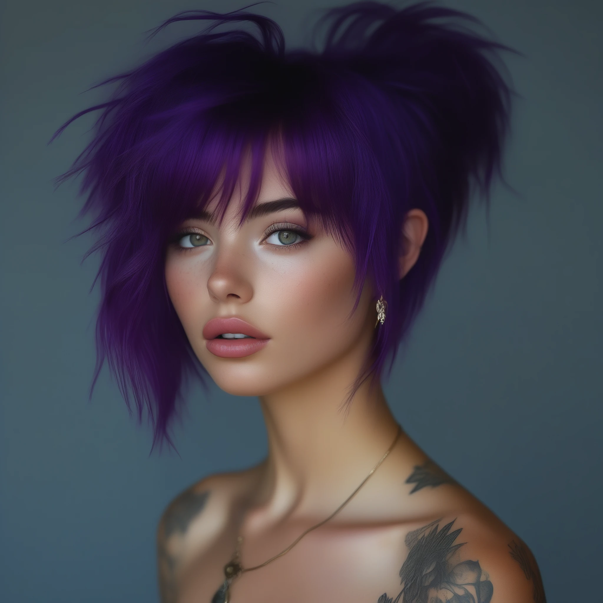 bellissima 1girl, solo, looking at viewer, bangs, jewelry, upper body, purple hair, earrings, parted lips, from side, lips, tattoo, messy hair, freckles, realistic
