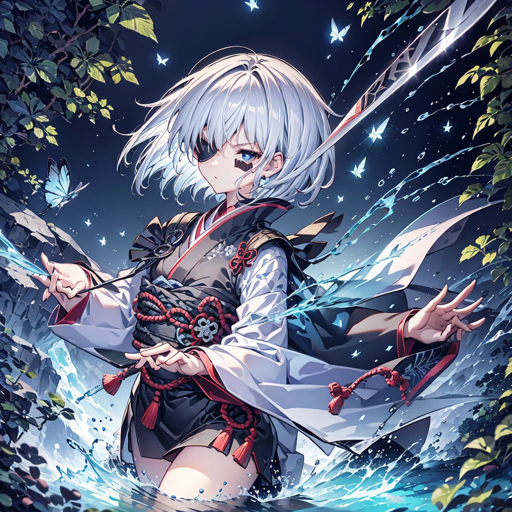 (((1 person　Put on an eye patch　Gray Hair　Qinglong)))　((High resolution　short hair　Black kimono　Shoulder　Rin々Funny face　knifeを胸の前で構える))　((Black Band　samurai　Lonely　despair　blue目　Close-up))　((blue蝶　night　Japanese style　old　Shining Aura　garden　water surface　Catch the wind　blue))　(dance　日本knife　knife　Slashing)　月night　moonlight　star　Draw your sword　Shining Background　Shining Edge