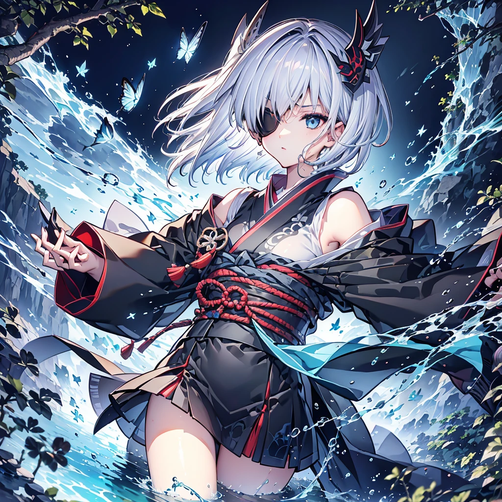 (((1 person Put on an eye patch Gray Hair Qinglong))) ((High resolution short hair Black kimono Shoulder Rin々Funny face knifeを胸の前で構える)) ((Black Band samurai Lonely despair blue目 Close-up)) ((blue蝶 night Japanese style old Shining Aura garden water surface Catch the wind blue)) (dance 日本knife knife Slashing) 月night moonlight star Draw your sword Shining Background Shining Edge