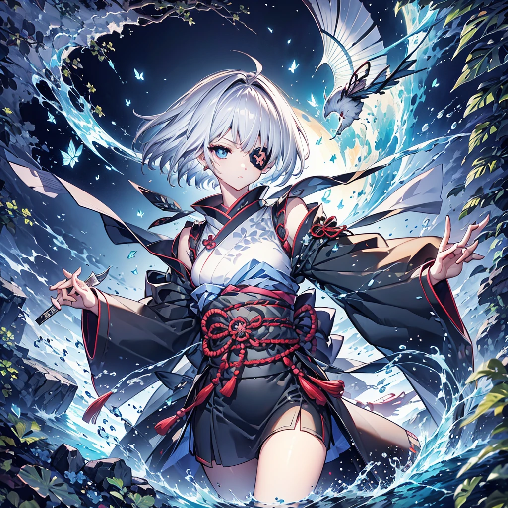 (((1 person　Put on an eye patch　Gray Hair　Qinglong)))　((High resolution　short hair　Black kimono　Shoulder　Rin々Funny face　knifeを胸の前で構える))　((Black Band　samurai　Lonely　despair　blue目　Close-up))　((blue蝶　night　Japanese style　old　Shining Aura　garden　water surface　Catch the wind　blue))　(dance　日本knife　knife　Slashing)　月night　moonlight　star　Draw your sword　Shining Background　Shining Edge