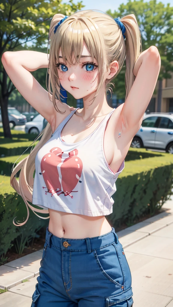 (best quality:1.1), (masterpiece:1.4), (absurdres:1.0),  portrait, close-up,
1 girl, ekaterina kurae, twintails, (low-tied_long_hair:1.2), hair ends, very long hair, blonde hair, flat chest, blue eyes, t-shirt, cargo pants, looking at viewer, outdoors, (blush:1.2), mall, (crowd:0.75), armpits, arms up,
