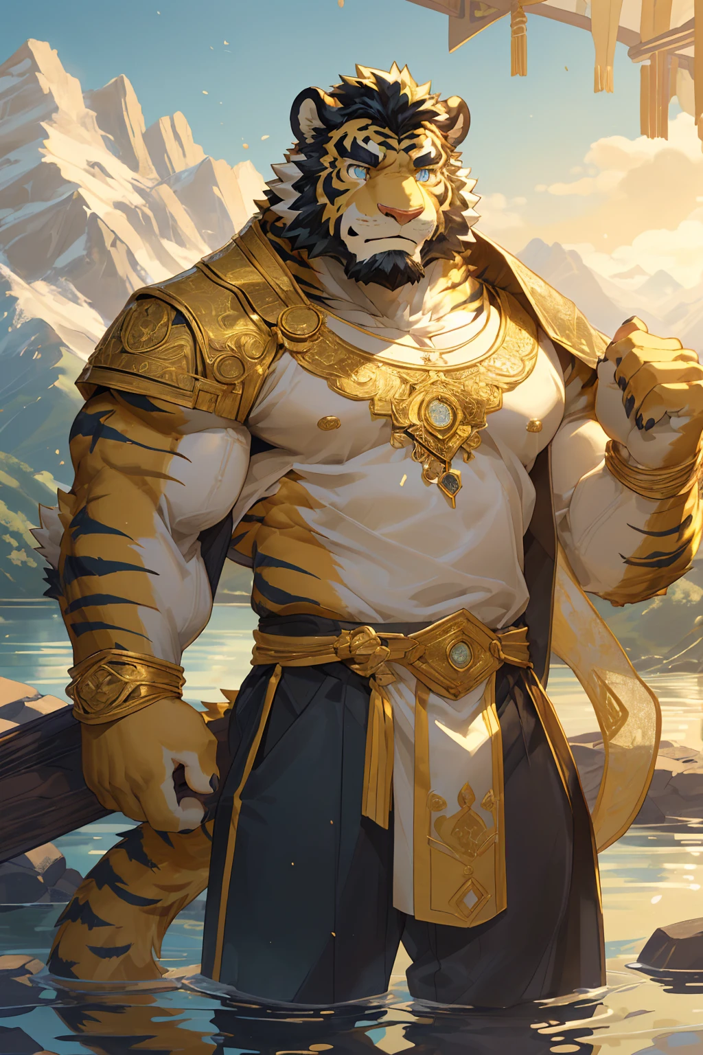 (Toned body),(White regular clothes:1.5),16k high quality detailed art,(White regular clothes:1),(Golden Tiger:1.1), (((White and golden fur:1.5))),(Duotone),(A pair of eyes of different colors, Blue and gold eyes:1.7),(Both eyes are the same size:1.4),(Muscular body:1.3),Handsome,(OK),(Perfect face),(Gold and white skin:1.3),(Full body description:1.3),Publaz, (Golden Tiger:1.1), (((Gold and white fur:1.3))),Handsome, (OK),Express,(Mountains, rivers and lakes background:1.3),(joy:1.3),(Golden Tiger tail),不同的Express,(A perfect masterpiece),(32k),(Abdominal muscles:1.3),(((middle aged:1.4))),(36 years old),(Gold Stripes),alone,(Black sideburns:1.2),(black beard:1.3),(Black Chin:1.3),(golden face pattern:1),(Very rich facial details:1.3),(Strong),(Mighty pose:1.3),Front view,(CG),(HD),(Black hair),Full body portrait,(Detailed background:1.3)