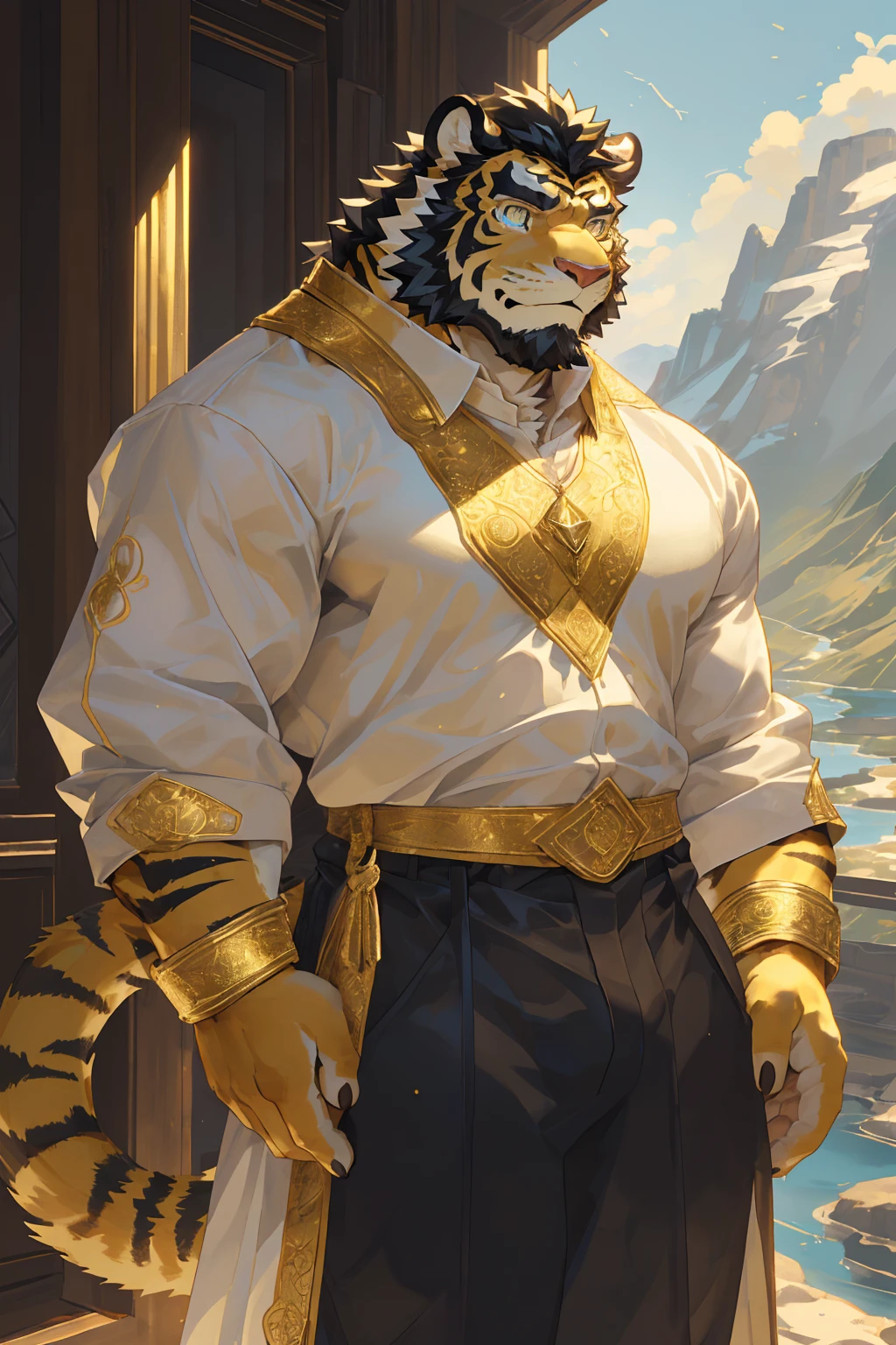 (Toned body),(White regular clothes:1.5),16k high quality detailed art,(White regular clothes:1),(Golden Tiger:1.1), (((White and golden fur:1.5))),(Duotone),(A pair of eyes of different colors, Blue and gold eyes:1.7),(Both eyes are the same size:1.4),(Muscular body:1.3),Handsome,(OK),(Perfect face),(Gold and white skin:1.3),(Full body description:1.3),Publaz, (Golden Tiger:1.1), (((Gold and white fur:1.3))),Handsome, (OK),Express,(Mountains, rivers and lakes background:1.3),(joy:1.3),(Golden Tiger tail),不同的Express,(A perfect masterpiece),(32k),(Abdominal muscles:1.3),(((middle aged:1.4))),(36 years old),(Gold Stripes),alone,(Black sideburns:1.2),(black beard:1.3),(Black Chin:1.3),(golden face pattern:1),(Very rich facial details:1.3),(Strong),(Mighty pose:1.3),Front view,(CG),(HD),(Black hair),Full body portrait,(Detailed background:1.3)