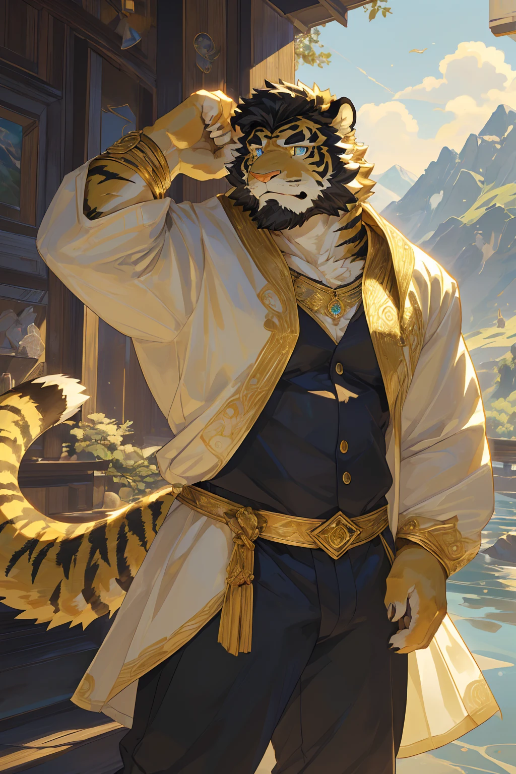 (Toned body),(White regular clothes:1.5),16k high quality detailed art,(White regular clothes:1),(Golden Tiger:1.1), (((White and golden fur:1.5))),(Duotone),(A pair of eyes of different colors, Blue and gold eyes:1.7),(Both eyes are the same size:1.4),(Muscular body:1.3),Handsome,(OK),(Perfect face),(Gold and white skin:1.3),(Full body description:1.3),Publaz, (Golden Tiger:1.1), (((Gold and white fur:1.3))),Handsome, (OK),Express,(Mountains, rivers and lakes background:1.3),(joy:1.3),(Golden Tiger tail),不同的Express,(A perfect masterpiece),(32k),(Abdominal muscles:1.3),(((middle aged:1.4))),(36 years old),(Gold Stripes),alone,(Black sideburns:1.2),(black beard:1.3),(Black Chin:1.3),(golden face pattern:1),(Very rich facial details:1.3),(Strong),(Mighty pose:1.3),Front view,(CG),(HD),(Black hair),Full body portrait,(Detailed background:1.3)