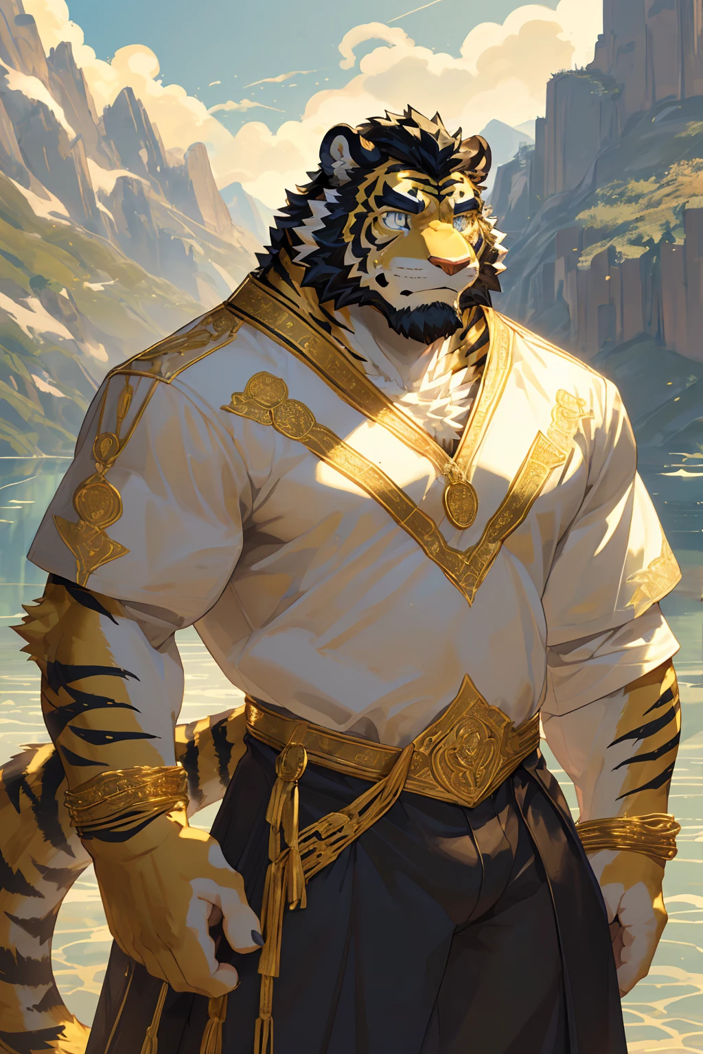 (Toned body),(White regular clothes:1.5),16k high quality detailed art,(White regular clothes:1),(Golden Tiger:1.1), (((White and golden fur:1.5))),(Duotone),(A pair of eyes of different colors, Blue and gold eyes:1.7),(Both eyes are the same size:1.4),(Muscular body:1.3),Handsome,(OK),(Perfect face),(Gold and white skin:1.3),(Full body description:1.3),Publaz, (Golden Tiger:1.1), (((Gold and white fur:1.3))),Handsome, (OK),Express,(Mountains, rivers and lakes background:1.3),(joy:1.3),(Golden Tiger tail),不同的Express,(A perfect masterpiece),(32k),(Abdominal muscles:1.3),(((middle aged:1.4))),(36 years old),(Gold Stripes),alone,(Black sideburns:1.2),(black beard:1.3),(Black Chin:1.3),(golden face pattern:1),(Very rich facial details:1.3),(Strong),(Mighty pose:1.3),Front view,(CG),(HD),(Black hair),Full body portrait,(Detailed background:1.3)