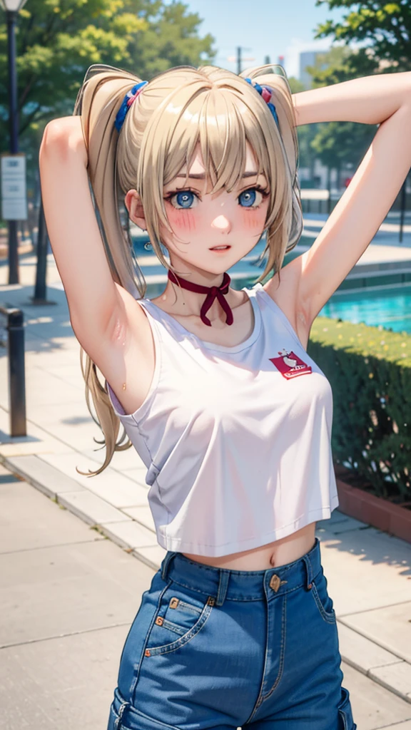 (best quality:1.1), (masterpiece:1.4), (absurdres:1.0),  portrait, close-up,
1 girl, ekaterina kurae, twintails, (low-tied_long_hair:1.2), hair ends, very long hair, blonde hair, flat chest, blue eyes, t-shirt, cargo pants, looking at viewer, outdoors, (blush:1.2), mall, (crowd:0.75), armpits, arms up,
