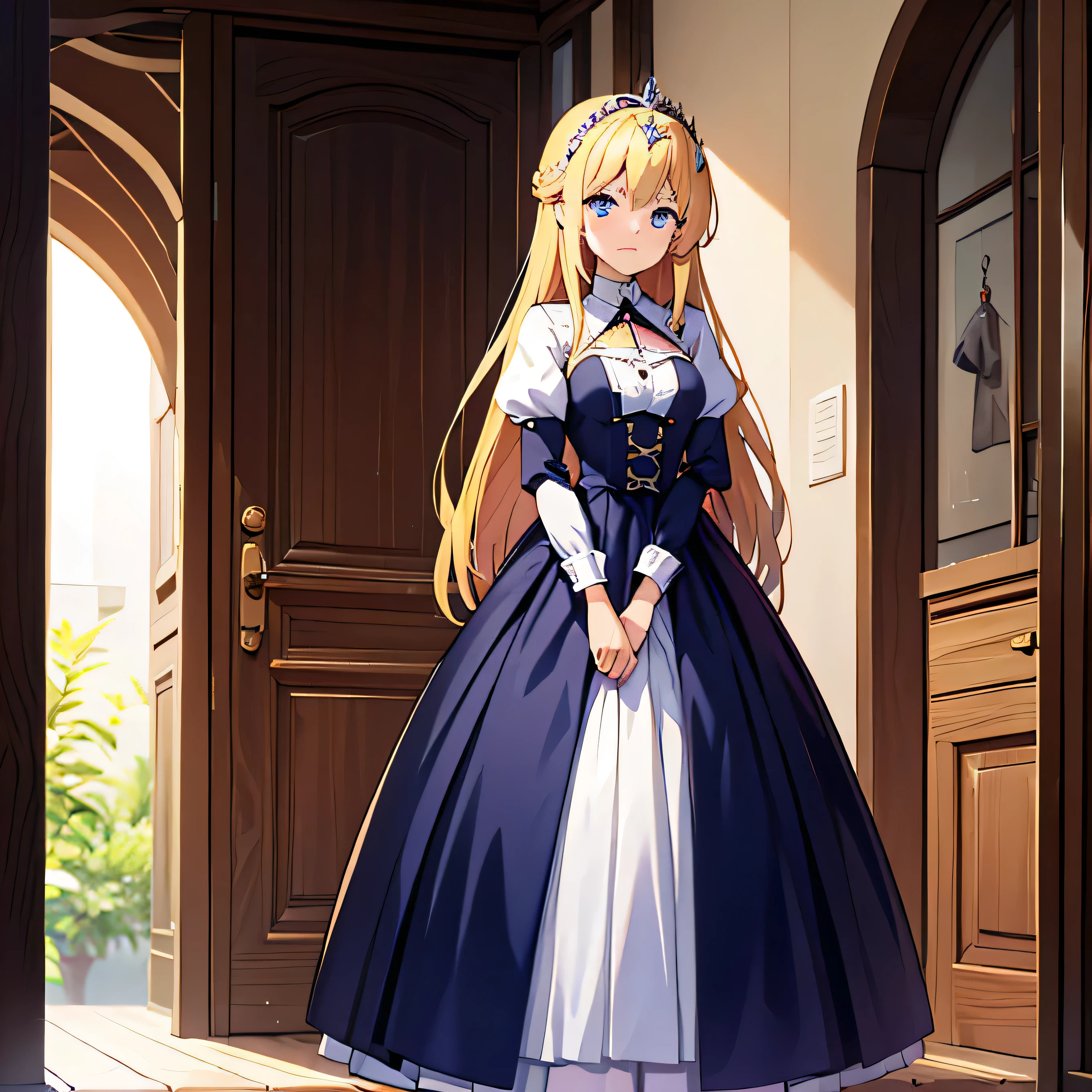 high resolution, 4k, 8k, standing, 1 female, ager, blonde hair, princess dress, circlet