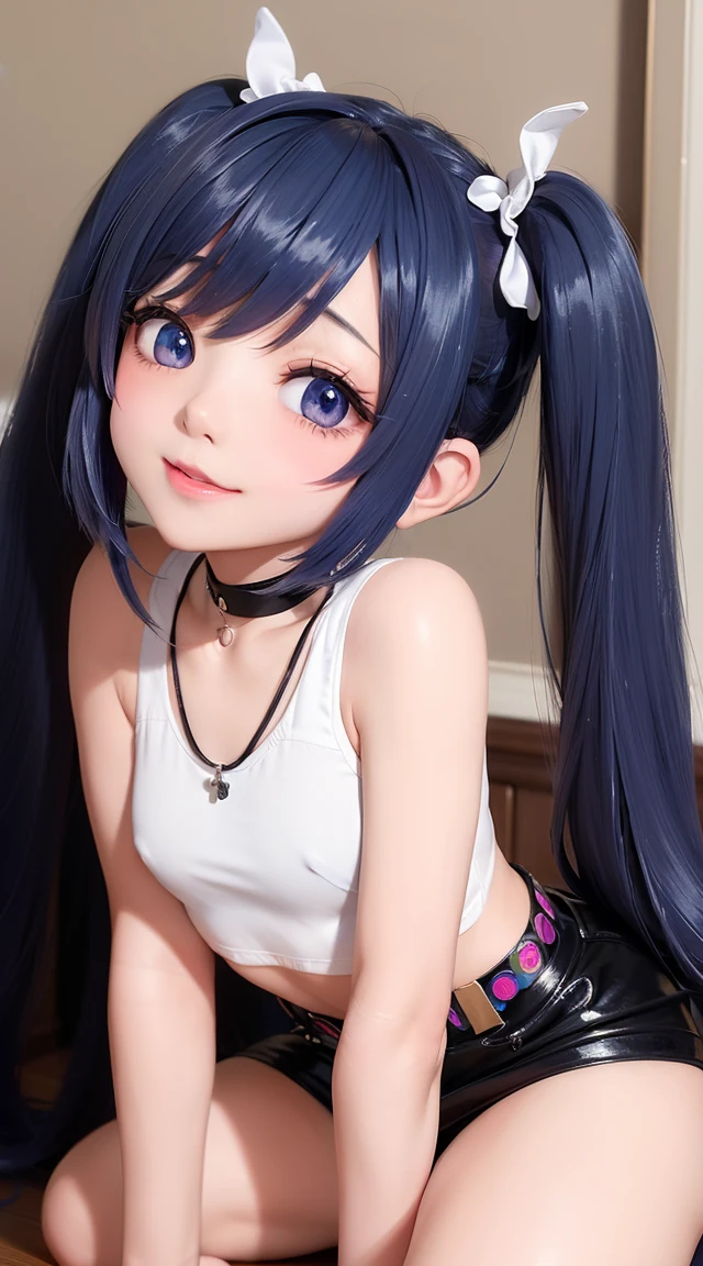 (masterpiece:1.3), (Best Quality:1.3), (Ultra-detailed:1.2), ((kawaii)), Cute, (lovely), ((sexy)), ((Extremely detailed)), 4K, (8K), Best Quality, (Beautiful), Illustration, anime style, (bold line:1.2), Gradation, looking at viewer, //, (bent down:1.1), (arms behind back), //, a cute girl, 1girl, (solo:1.2), gleaming skin, //, (flat chested), (Perfect eyes:1.2), (Perfect iris:1.2), //, darkblue hair color, (beautiful eyes) //, (half closed eyes:1.3), (sexual expression:1.2), Fascinated expression, smile, (blush:1.2), //, modern city background, on rock, twin tails, muscle girl, hard abs, exposed abs, NECKLACE, tight blouse, skirt