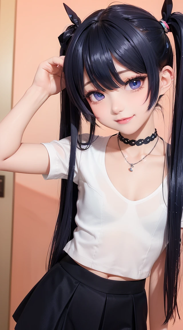 (masterpiece:1.3), (Best Quality:1.3), (Ultra-detailed:1.2), ((kawaii)), Cute, (lovely), ((sexy)), ((Extremely detailed)), 4K, (8K), Best Quality, (Beautiful), Illustration, anime style, (bold line:1.2), Gradation, looking at viewer, //, (bent down:1.1), (arms behind back), //, a cute girl, 1girl, (solo:1.2), gleaming skin, //, (flat chested), (Perfect eyes:1.2), (Perfect iris:1.2), //, darkblue hair color, (beautiful eyes) //, (half closed eyes:1.3), (sexual expression:1.2), Fascinated expression, smile, (blush:1.2), //, modern city background, on rock, twin tails, muscle girl, hard abs, exposed abs, NECKLACE, tight blouse, skirt