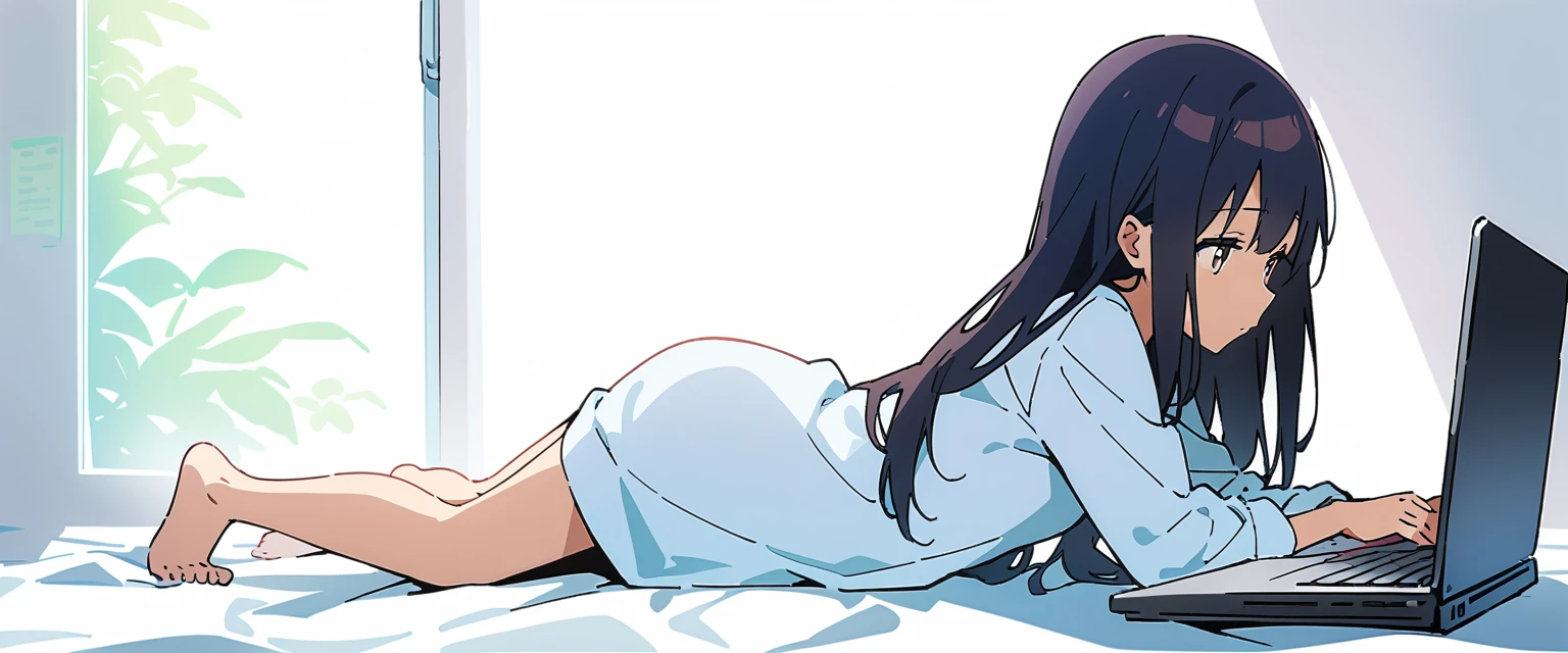Vacant rooms、pure white room、Ultra-high resolution, Highest quality,alone,Girl lying face down, One Girl、The whole body seen from the side、Long Hair、Black Hair、Straight hair、Grey Eyes、Eyes without highlights、Expressionless、Small breasts、Plain white long sleeve T-shirt、barefoot、Laptop、Keyboard hands、Left facing