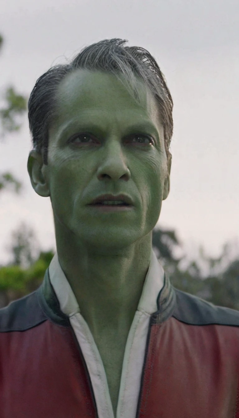 A 40-year-old man, (((wearing a red blouse with a white print collar and button))), (((((alien green skin))))), (((full dark sclera eyes))), thin chin, (((gray hair))) with a high quiff and back with gel and short sides, thin nose, garden in the background