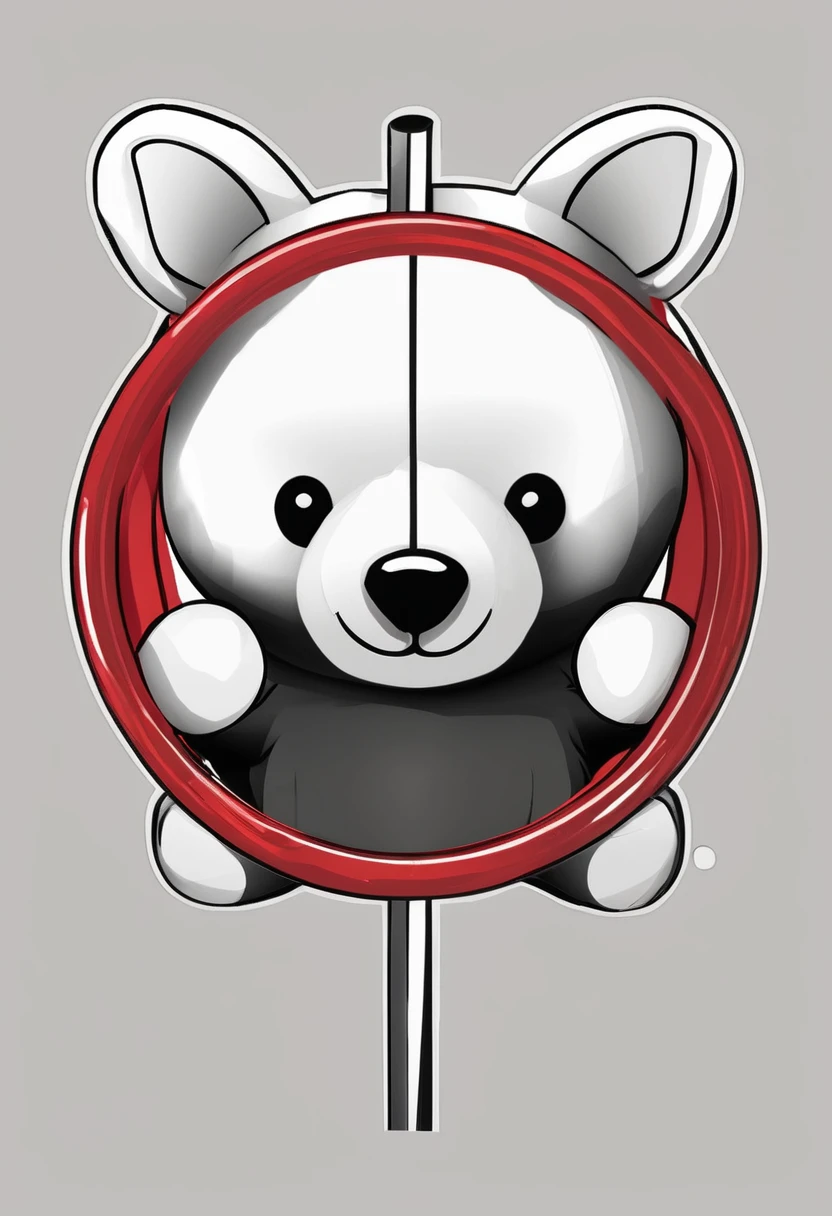 White stick with a red circle and a teddy bear inside and two black ears 