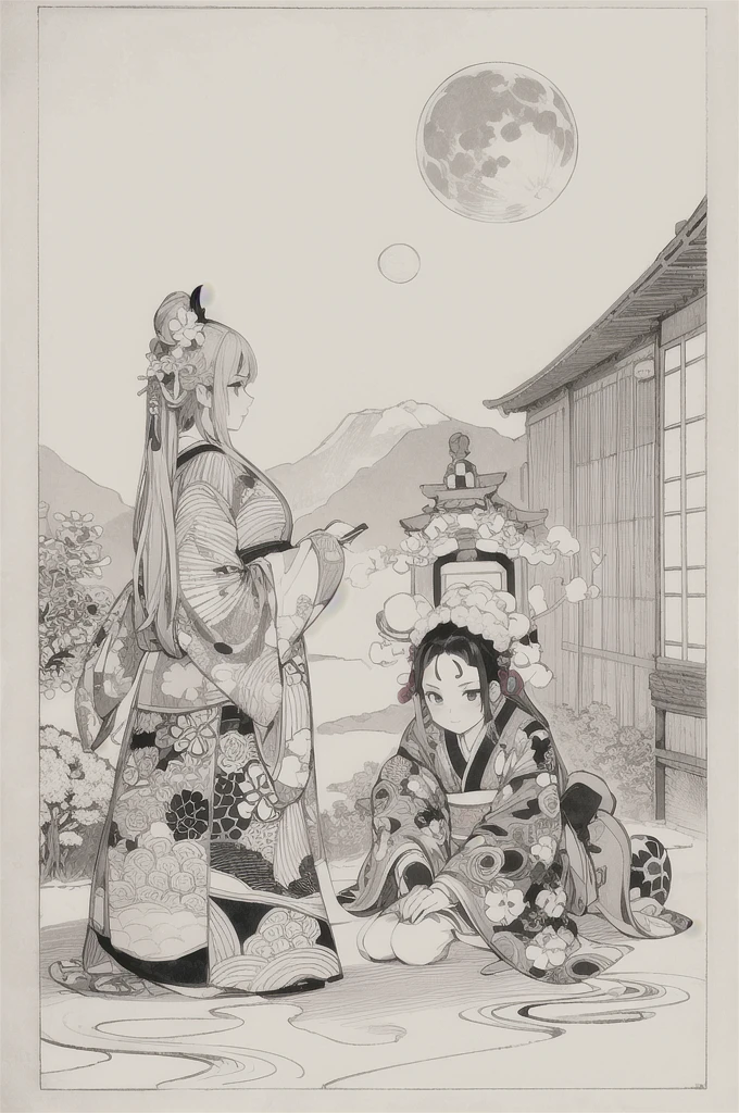 best quality, masterpiece, photo, 4K, only one person, photorealistic, highly detailed, huge moon in the background, black and white, closeup, Create a realistic ukiyo-e illustration of a cute girl in a kimono that conveys Japanese culture in various poses with a Japanese garden in the background, using a simple monochrome coloring book that even children can do.
