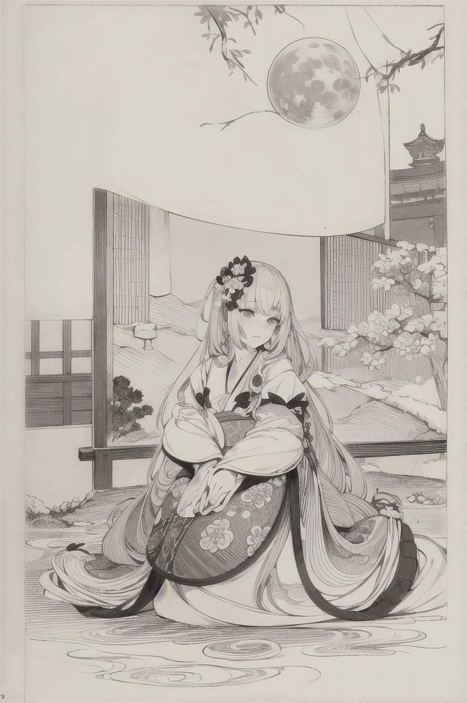 best quality, masterpiece, photo, 4K, only one person, photorealistic, highly detailed, huge moon in the background, black and white, closeup, Create a realistic ukiyo-e illustration of a cute girl in a kimono that conveys Japanese culture in various poses with a Japanese garden in the background, using a simple monochrome coloring book that even children can do.