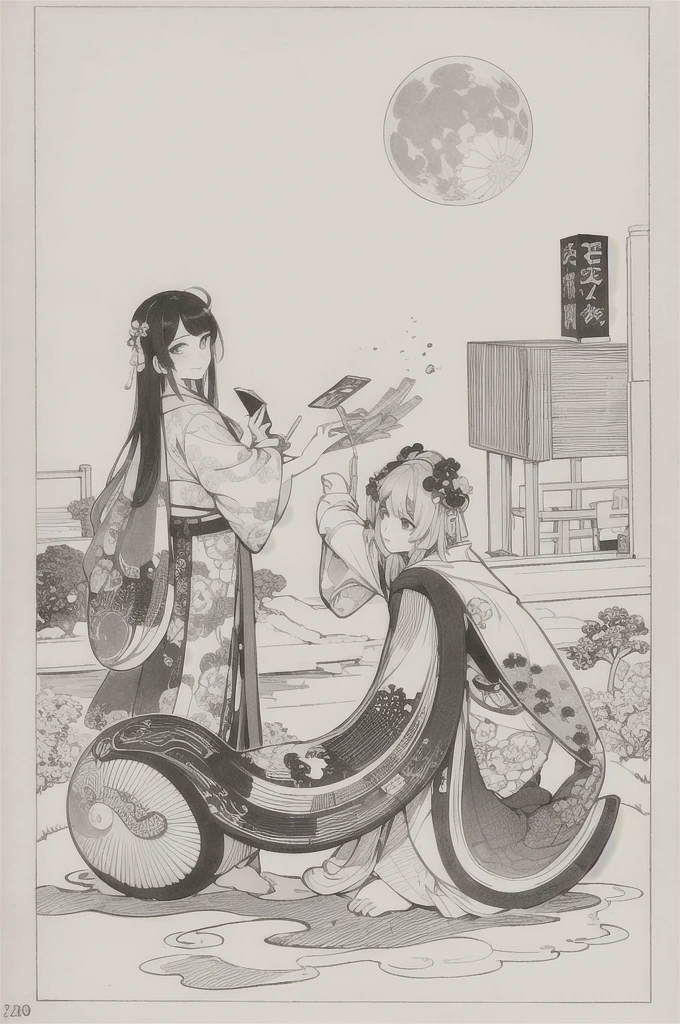 best quality, masterpiece, photo, 4K, only one person, photorealistic, highly detailed, huge moon in the background, black and white, closeup, Create a realistic ukiyo-e illustration of a cute girl in a kimono that conveys Japanese culture in various poses with a Japanese garden in the background, using a simple monochrome coloring book that even children can do.
